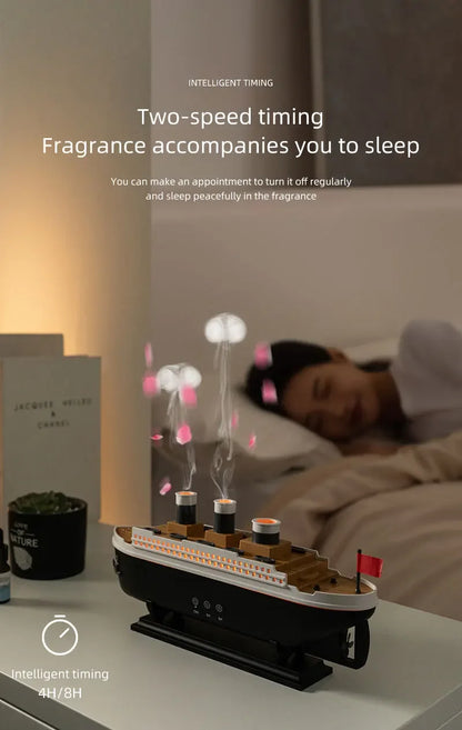 Titanic Ship-Shaped 250ml Aromatherapy Humidifier | Remote Control | LED Mist Ring | Essential Oil Diffuser for Bedroom & Relaxation – EU/US Plug