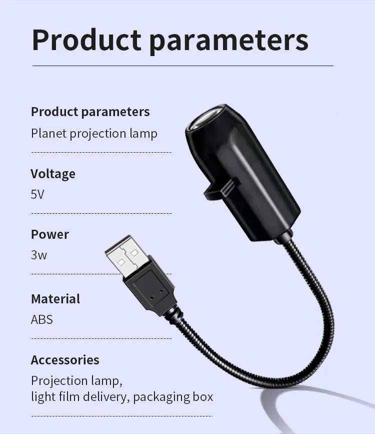USB Projection Light - 5V LED Atmosphere Lamp with Changeable Patterns (Moon, Planet, Halloween, Christmas)
