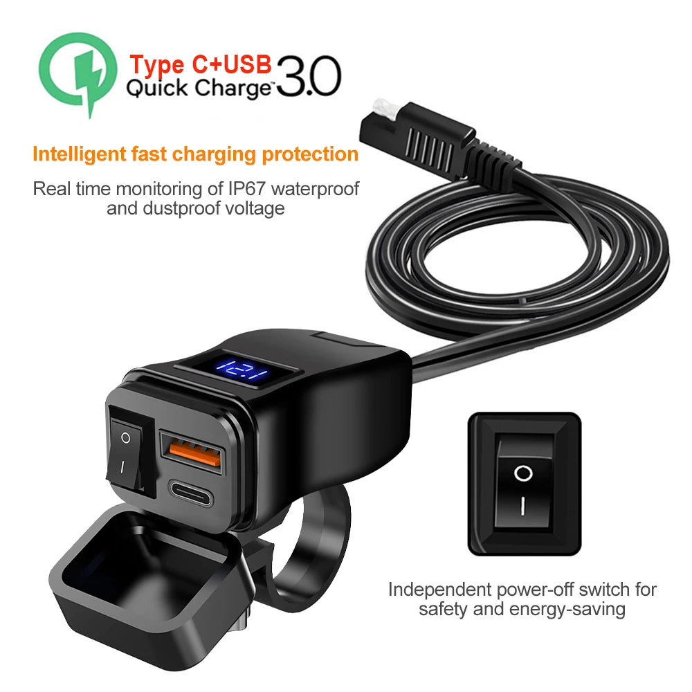 Motorcycle USB Charger QC3.0 / PD – Fast Charging with Waterproof Voltmeter – BAMİR Online Store’s
