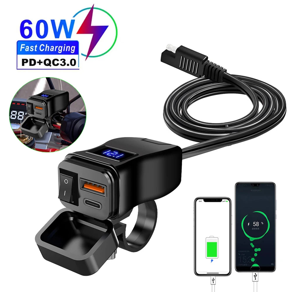 Motorcycle USB Charger QC3.0 / PD – Fast Charging with Waterproof Voltmeter – BAMİR Online Store’s