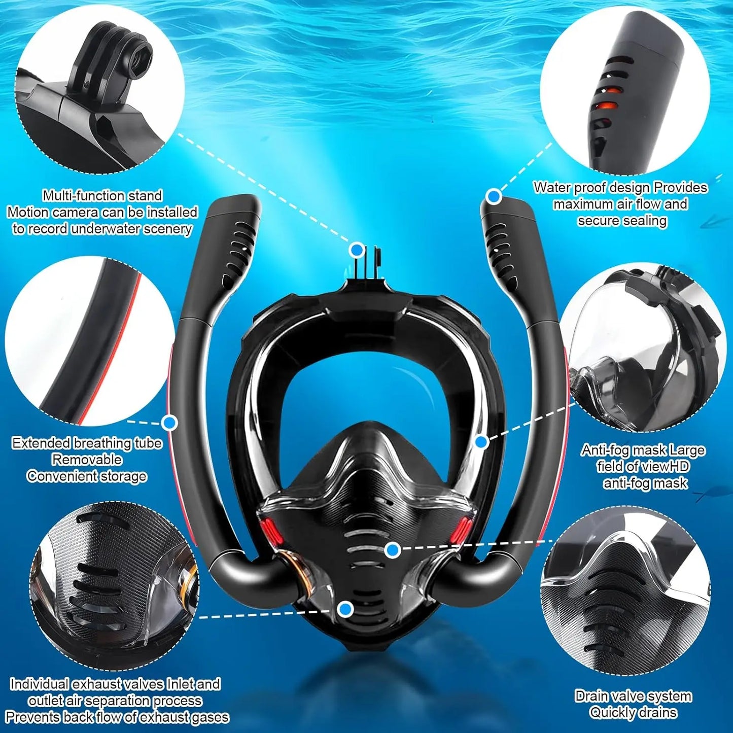 Full Face 180° Snorkel Mask | Anti-Fog, Anti-Leak, Dual-Tube System | GoPro Mount | Adult Diving & Swimming Gear – L/XL & S/M