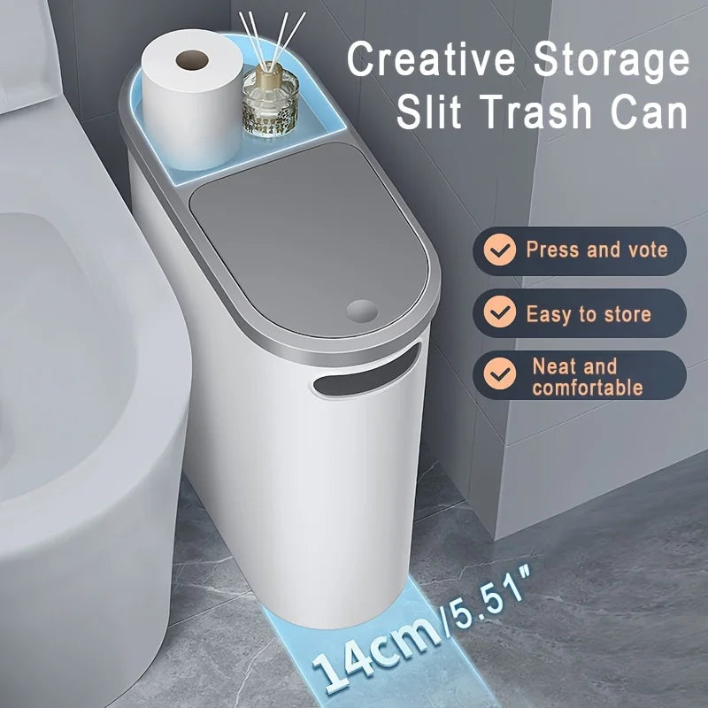 10L Slim Press-Type Bathroom Trash Can with Lid – Modern Leakproof Waste Bin for Home & Office