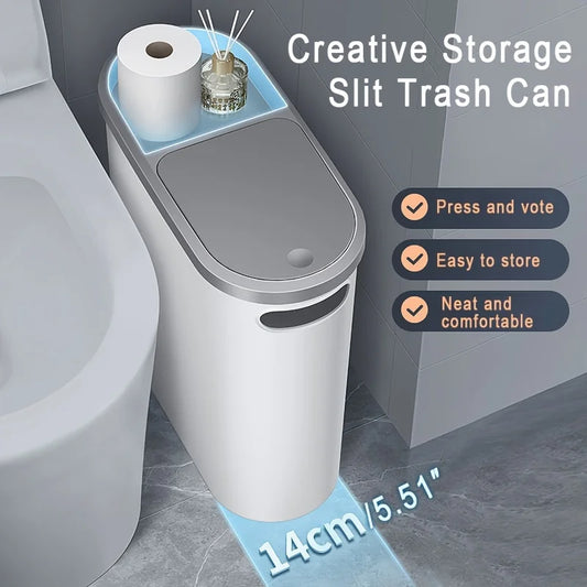 10L Slim Press-Type Bathroom Trash Can with Lid – Modern Leakproof Waste Bin for Home & Office