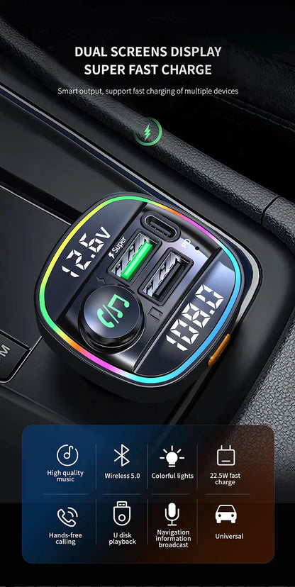 Bluetooth 5.0 FM Transmitter for Car – Handsfree Calling, Fast USB Charging, LED Display, MP3 Player, Voltage Monitor