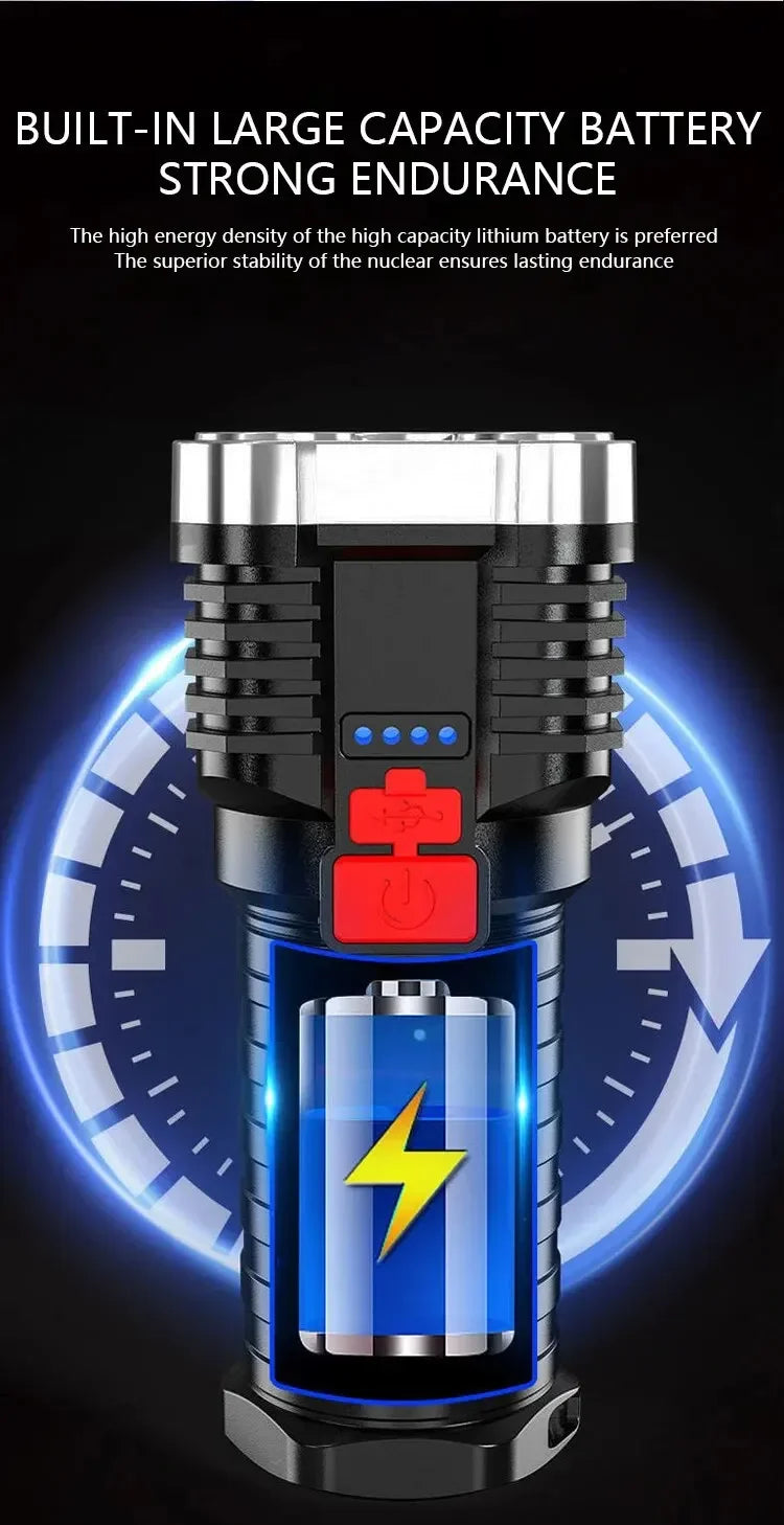 5 LED High Power Tactical Flashlight - Ultra Bright USB Rechargeable, Waterproof, 3 Modes with Side Light for Camping & Emergency