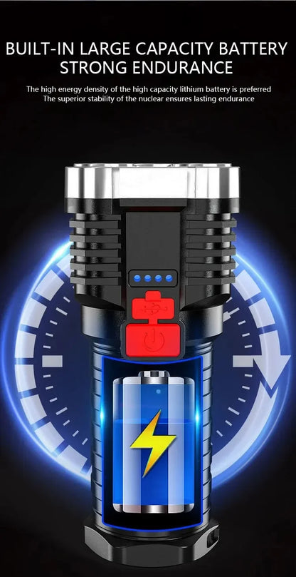 5 LED High Power Tactical Flashlight - Ultra Bright USB Rechargeable, Waterproof, 3 Modes with Side Light for Camping & Emergency