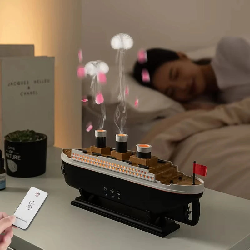 Titanic Ship-Shaped 250ml Aromatherapy Humidifier | Remote Control | LED Mist Ring | Essential Oil Diffuser for Bedroom & Relaxation – EU/US Plug