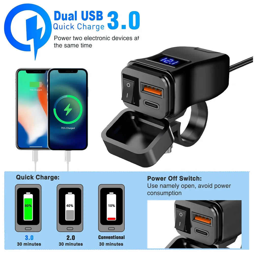 Motorcycle USB Charger QC3.0 / PD – Fast Charging with Waterproof Voltmeter – BAMİR Online Store’s