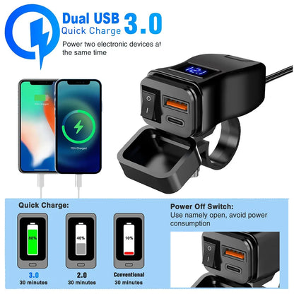 Motorcycle USB Charger QC3.0 / PD – Fast Charging with Waterproof Voltmeter – BAMİR Online Store’s