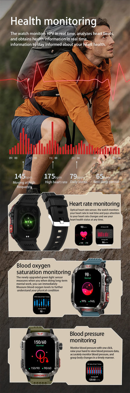 New Professional outdoor Military Smart Watch Men Flashlight Compass Waterproof Outdoor Sport Tracker Bluetooth Call Smartwatch