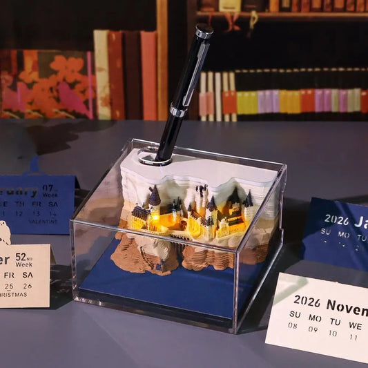 2026 Magic Castle 3D Light-Up Calendar – Handmade Paper Sculpture Desk Decor, Memo Pad, Unique Gift