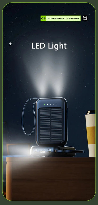50000mAh Ultra Capacity Solar Power Bank Built Cables Solar Charger 2 USB Ports External Charger Powerbank with LED Light
