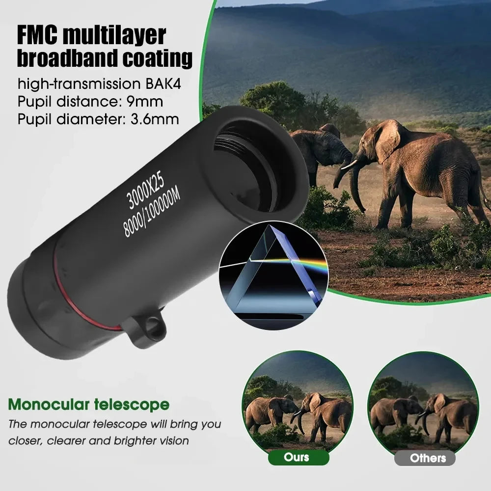 3000×25 HD Long-Range Portable Monocular Telescope – High-Power Zoom, Low-Light Night Vision, Compact Outdoor Camping & Wildlife Spotting Scope