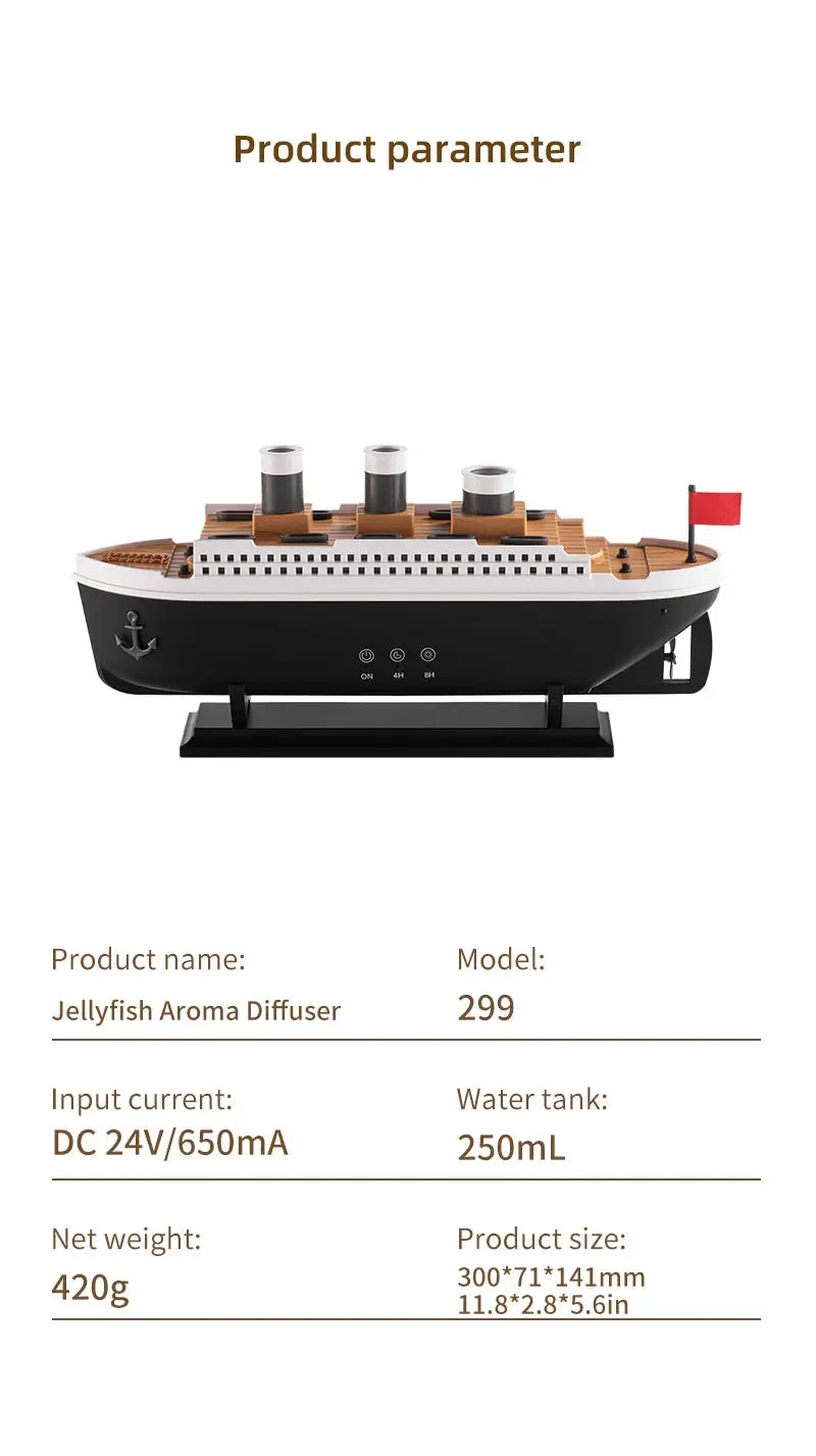 Titanic Ship-Shaped 250ml Aromatherapy Humidifier | Remote Control | LED Mist Ring | Essential Oil Diffuser for Bedroom & Relaxation – EU/US Plug
