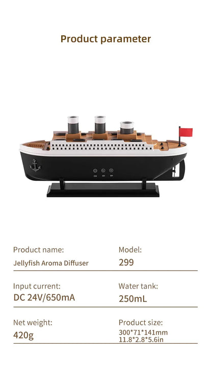 Titanic Ship-Shaped 250ml Aromatherapy Humidifier | Remote Control | LED Mist Ring | Essential Oil Diffuser for Bedroom & Relaxation – EU/US Plug
