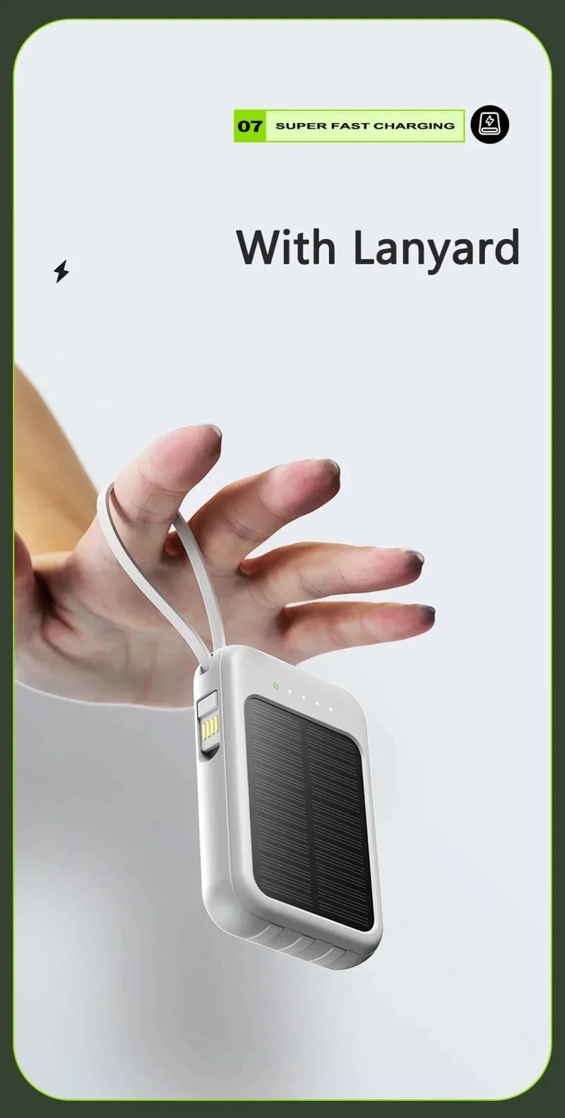 50000mAh Ultra Capacity Solar Power Bank Built Cables Solar Charger 2 USB Ports External Charger Powerbank with LED Light