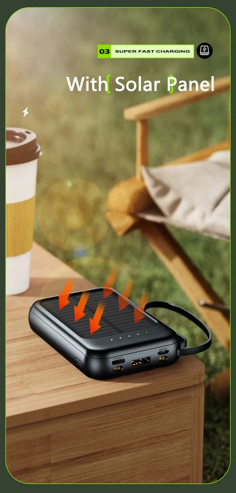 50000mAh Ultra Capacity Solar Power Bank Built Cables Solar Charger 2 USB Ports External Charger Powerbank with LED Light