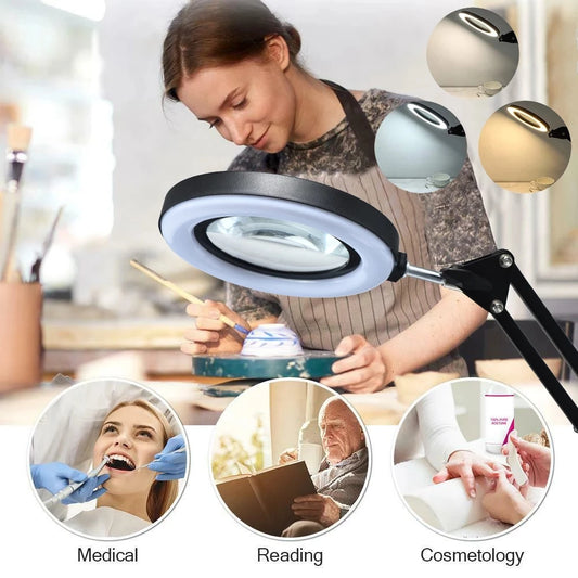 LED Magnifying Glass Lamp - Adjustable Desk Magnifier with Light